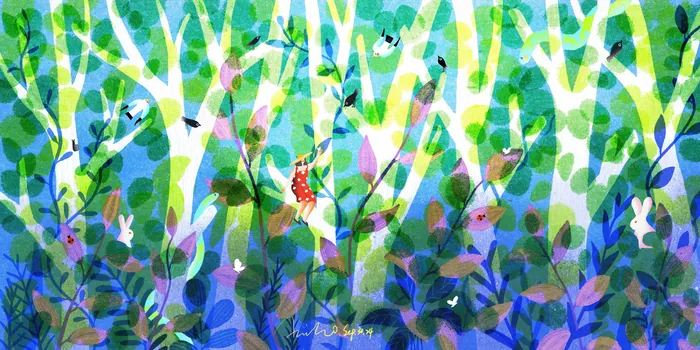 Colorful abstract forest with intertwined branches and leaves