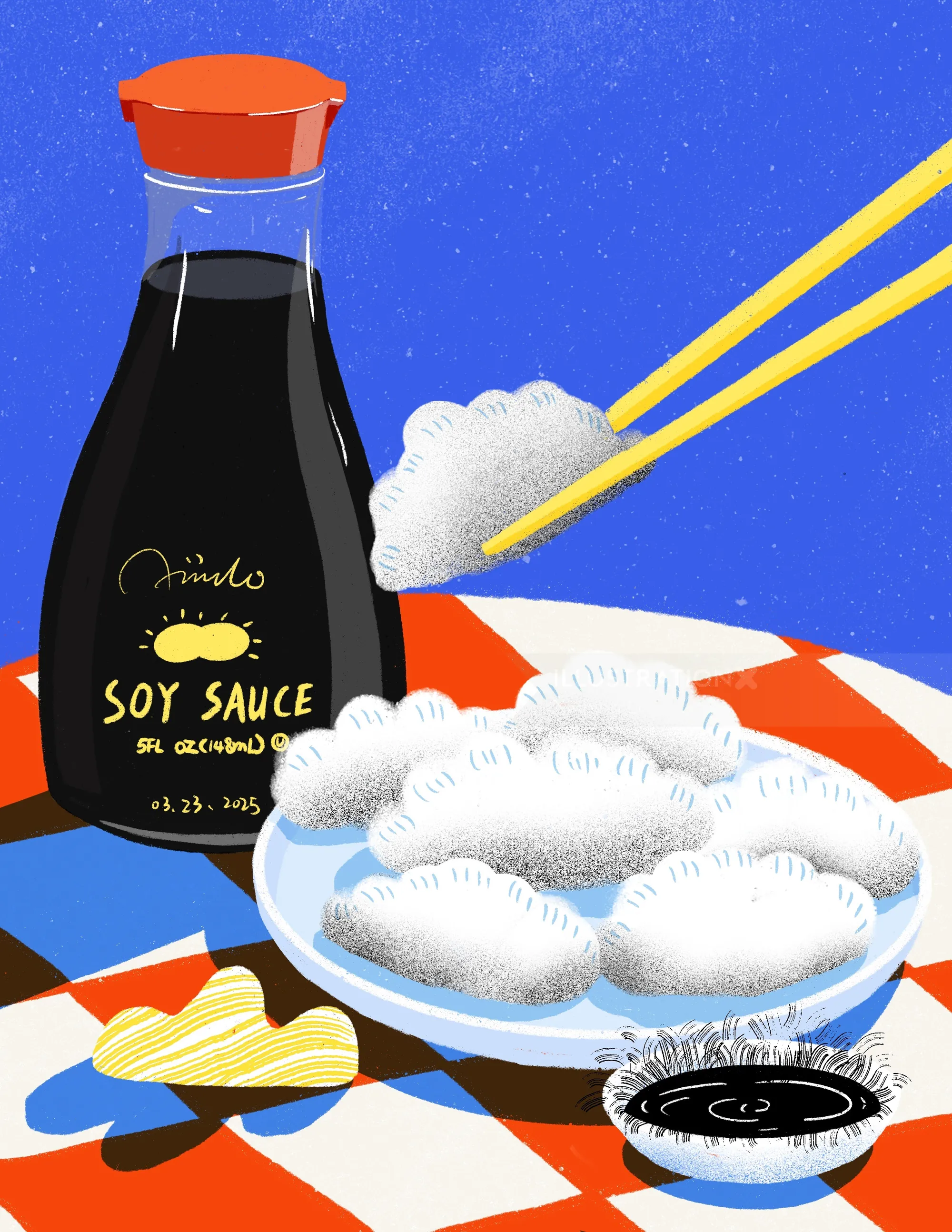 Plate of dumplings with soy sauce and chopsticks holding one dumpling