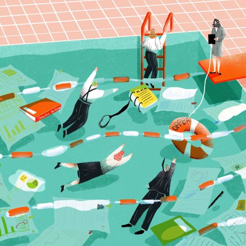 People swimming in a pool filled with paperwork and office supplies