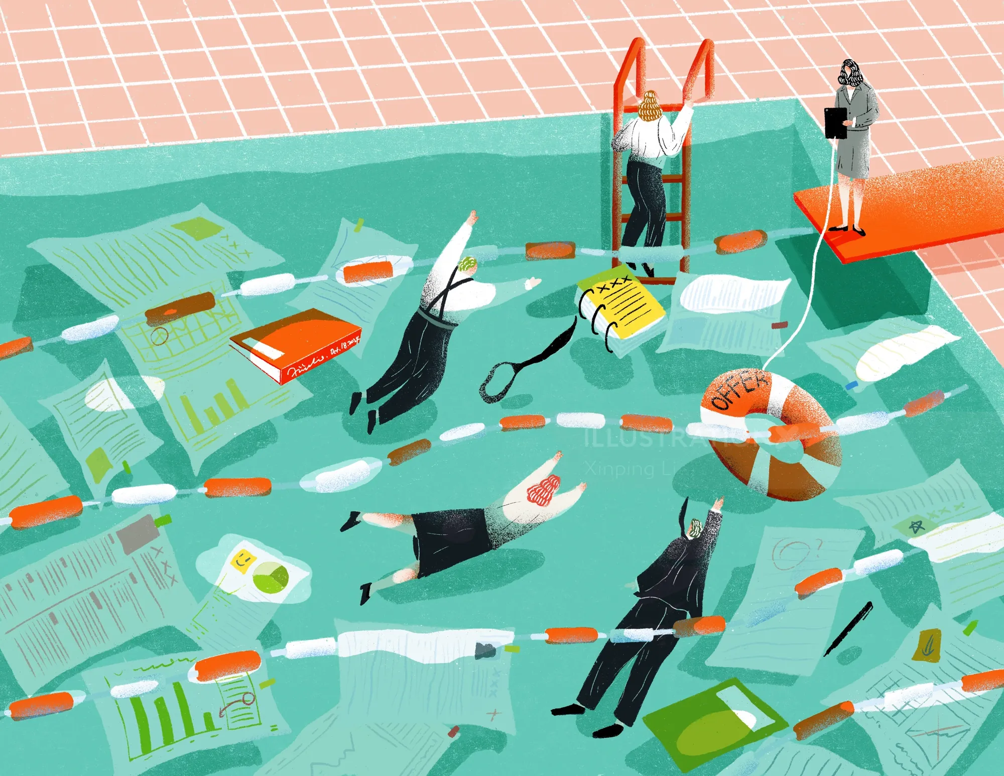 People swimming in a pool filled with paperwork and office supplies