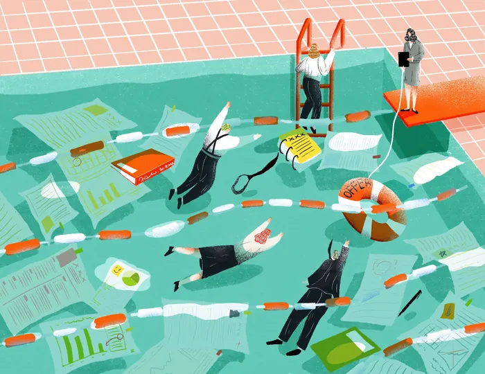 People swimming in a pool filled with paperwork and office supplies