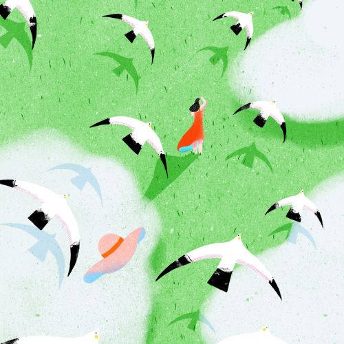 Person in red dress with white wings among flying seagulls in green sky