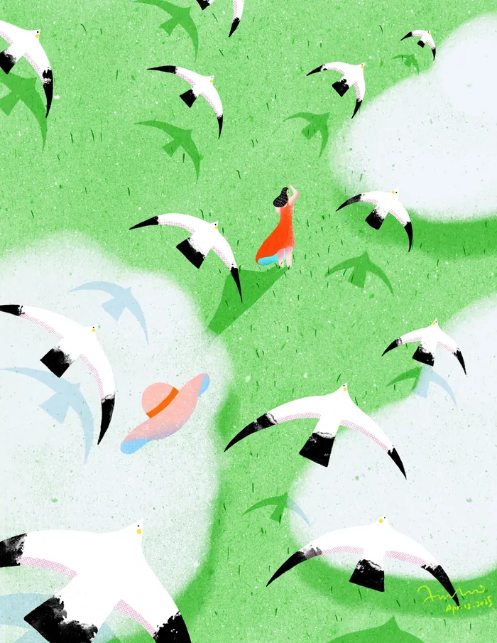 Person in red dress with white wings among flying seagulls in green sky