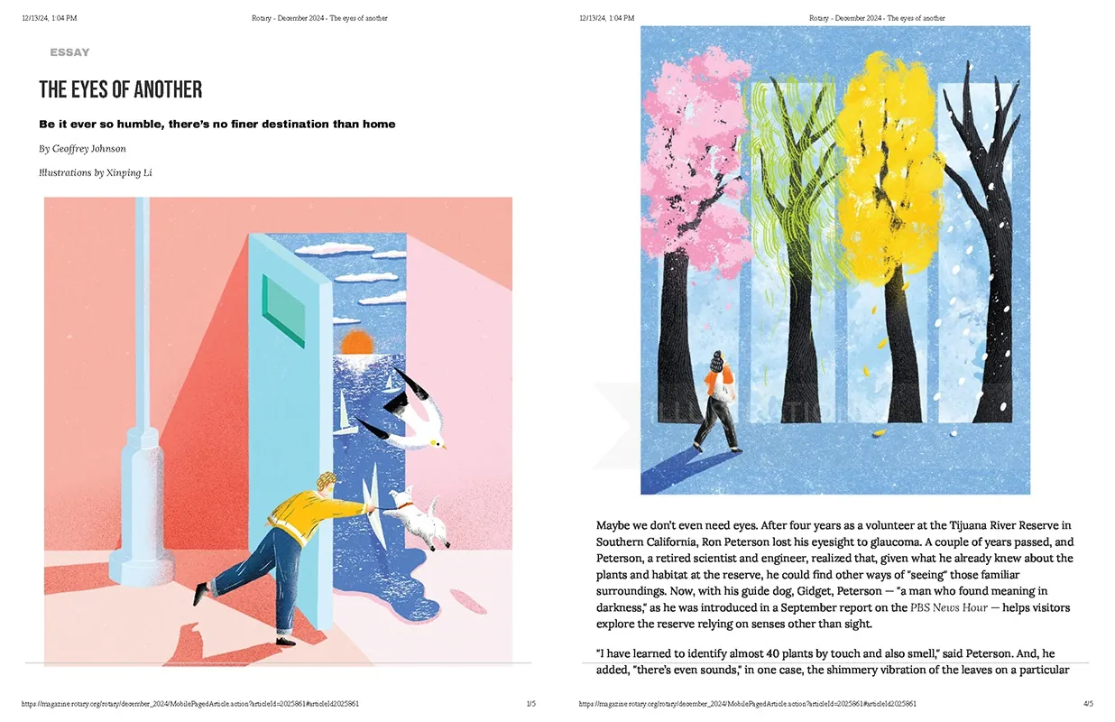 Illustration of two scenes: person entering building and person walking by colorful trees
