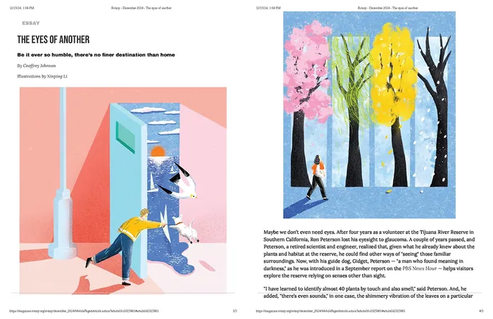 Illustration of two scenes: person entering building and person walking by colorful trees