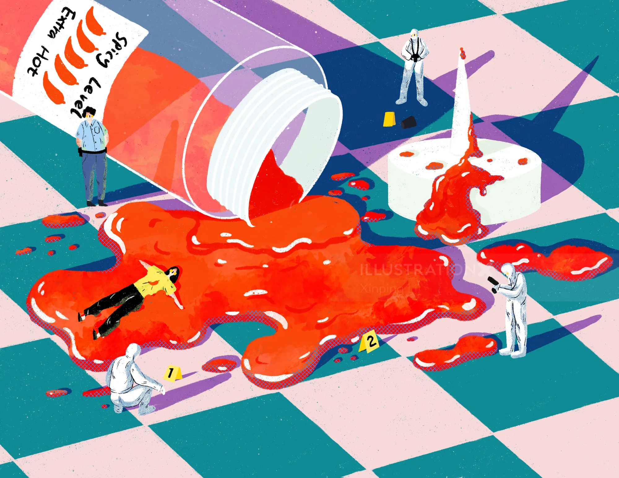 Miniature investigators examining spilled chili at a crime scene illustration