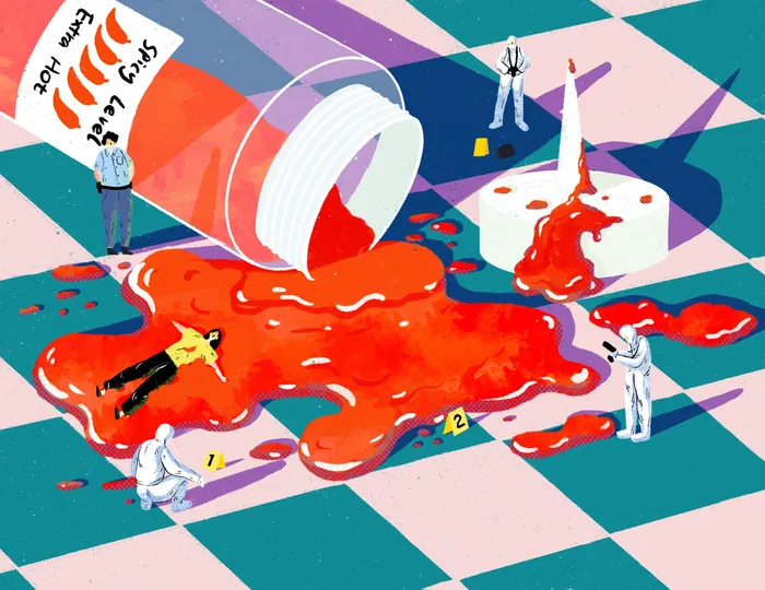 Miniature investigators examining spilled chili at a crime scene illustration