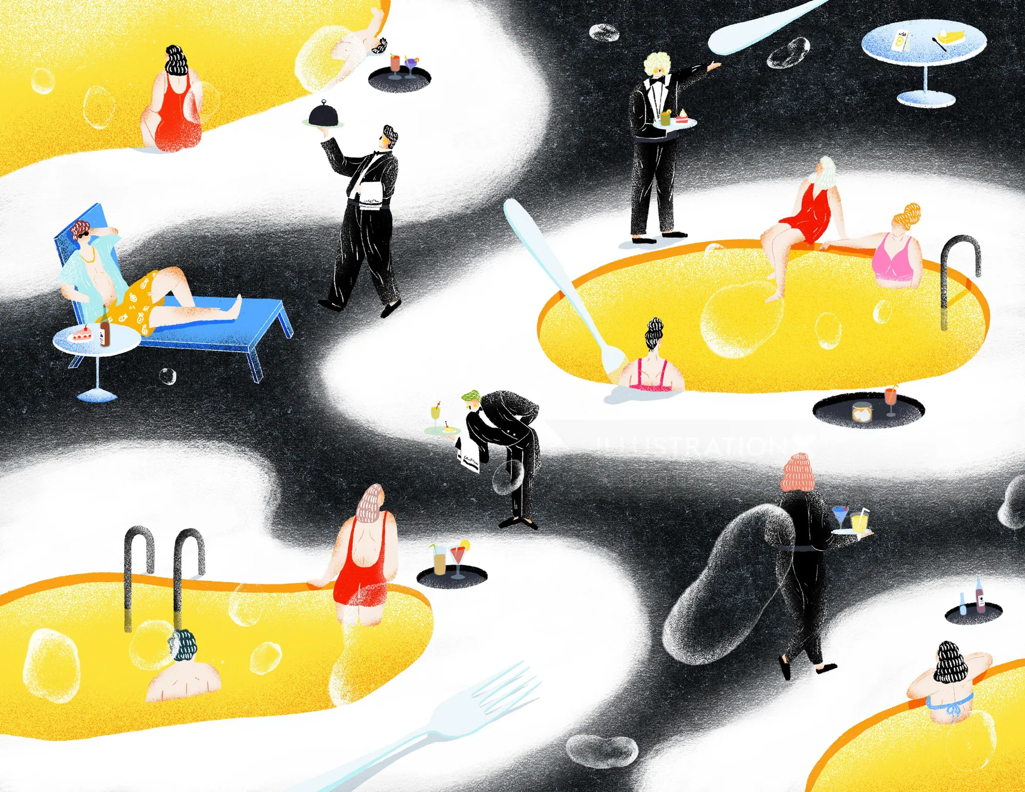 People relaxing in yellow pools with waiters serving drinks