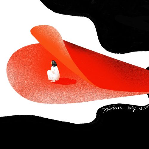 Small person trapped under a large red heart shape on black and white background