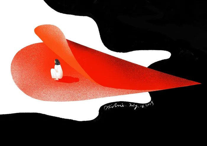 Small person trapped under a large red heart shape on black and white background