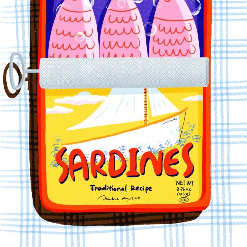 Illustration of three pink sardines in a yellow and red can with bubbles