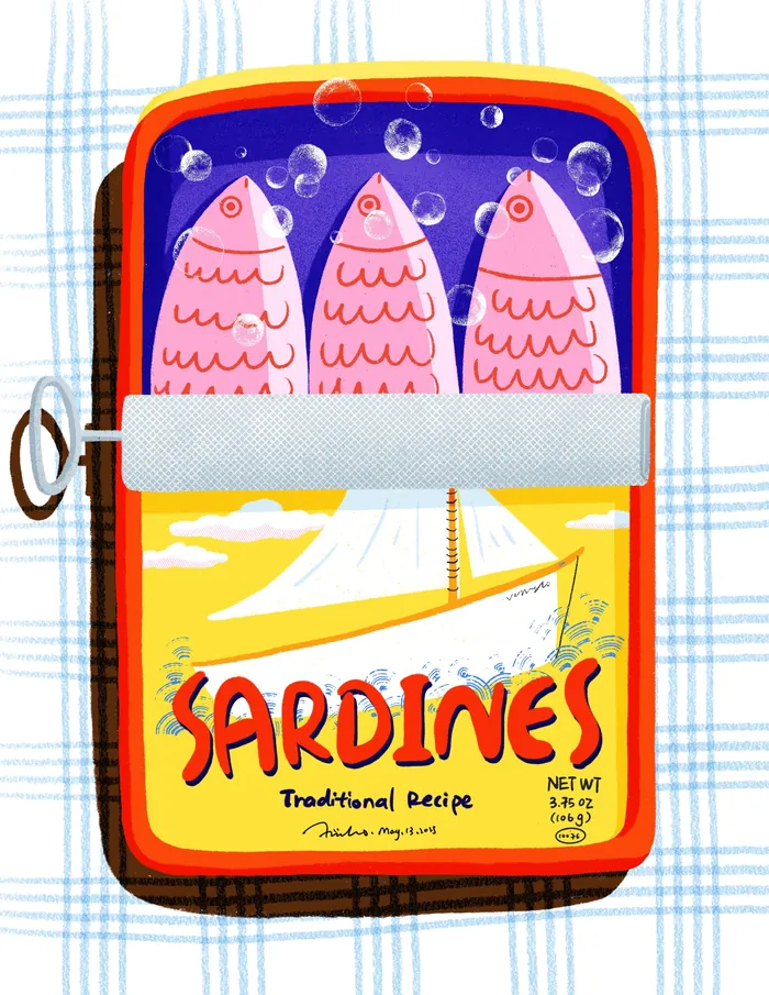 Illustration of three pink sardines in a yellow and red can with bubbles