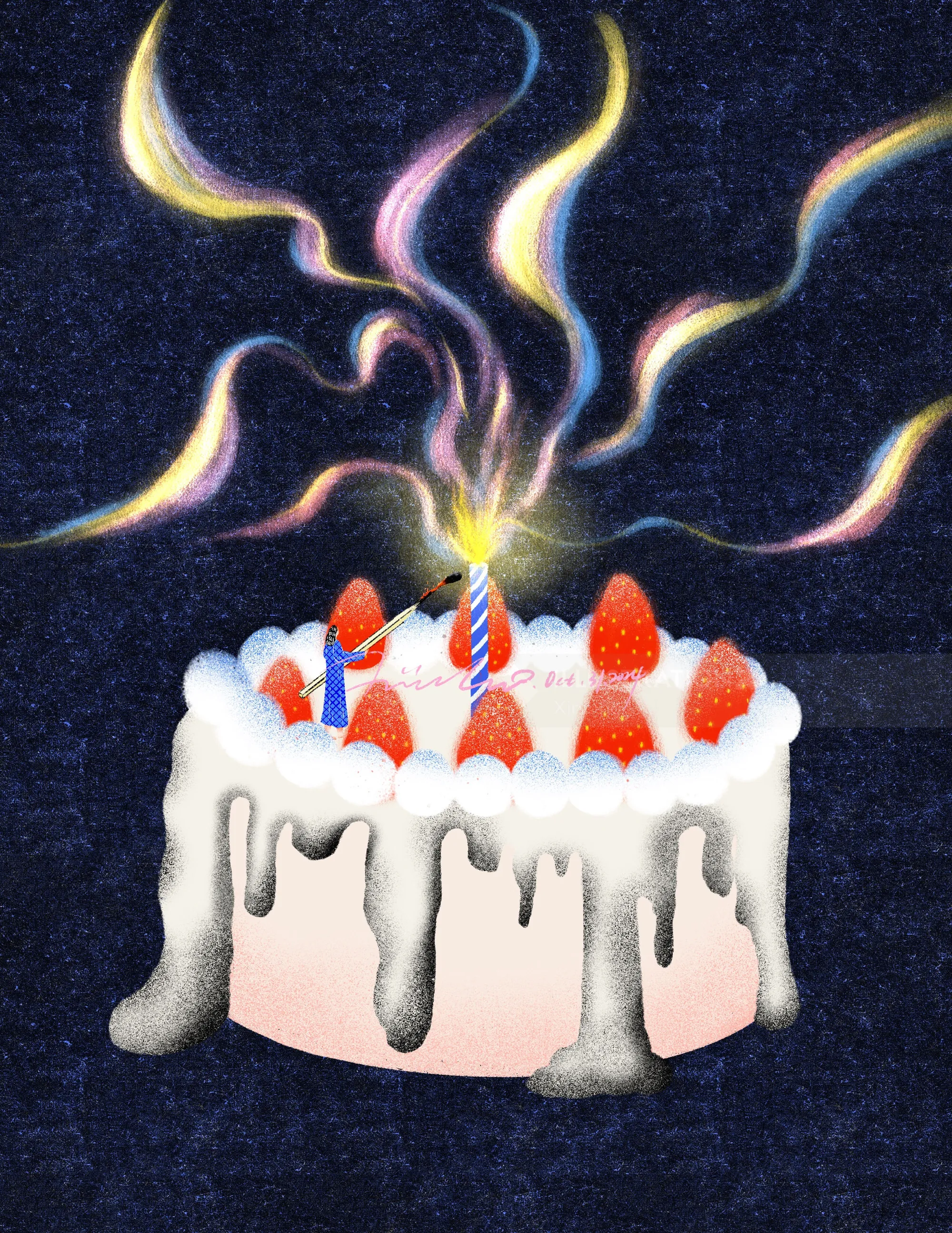 Birthday cake with strawberries, candles, and colorful smoke