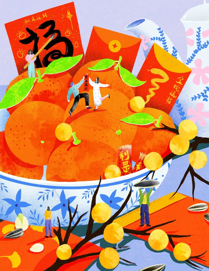 Mandarins, red envelopes, and people celebrating Chinese New Year 2025