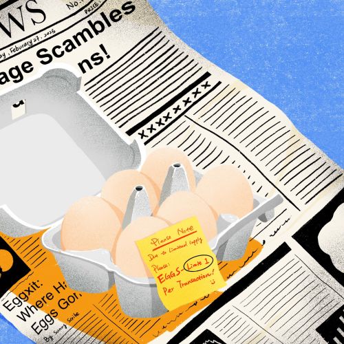 Carton of eggs on newspaper with headline about egg shortage