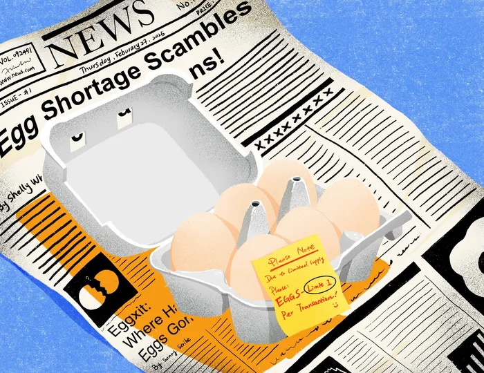 Carton of eggs on newspaper with headline about egg shortage