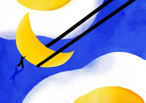 Person placing a crescent moon using chopsticks among fried eggs