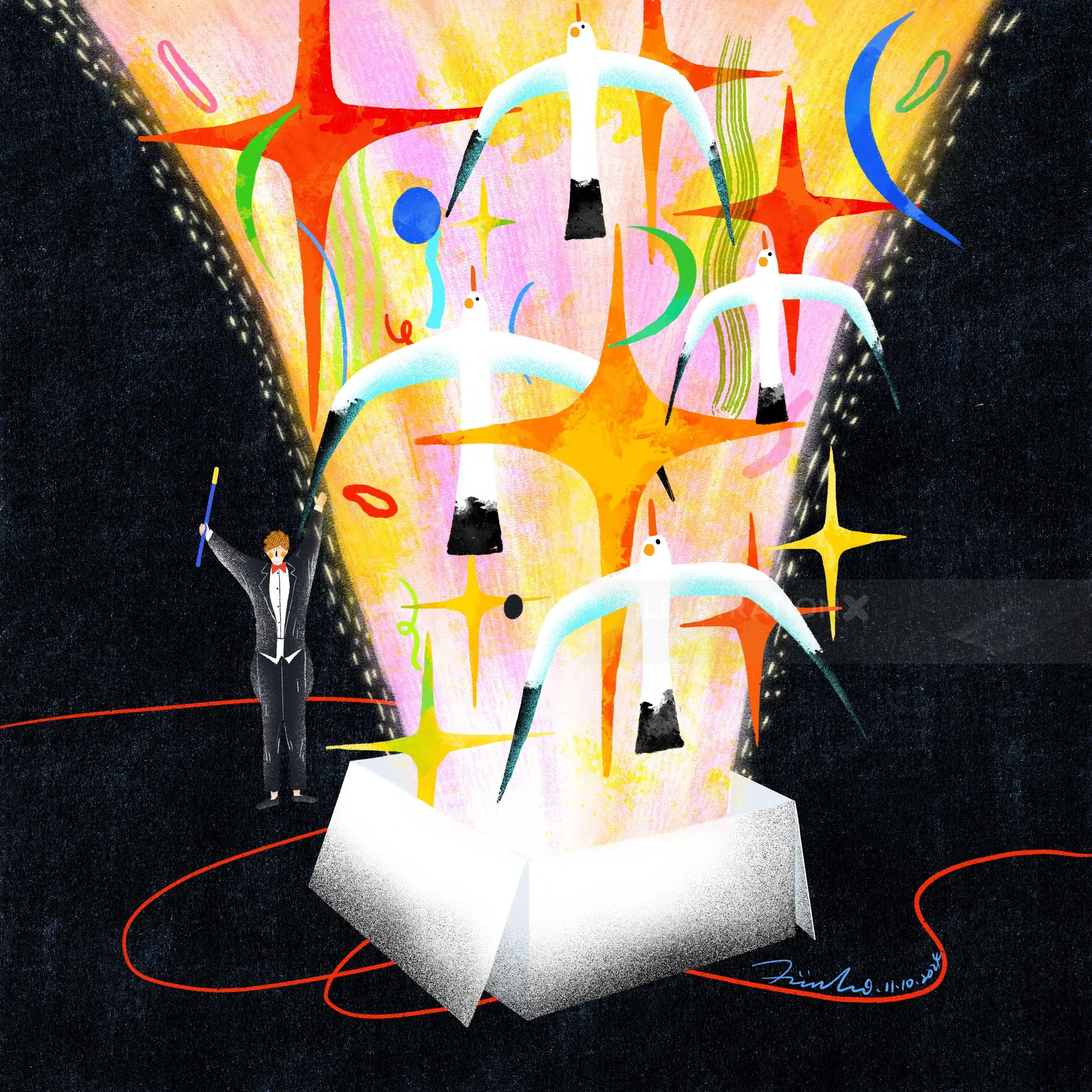 Magician performing with glowing stars and white doves emerging from a box