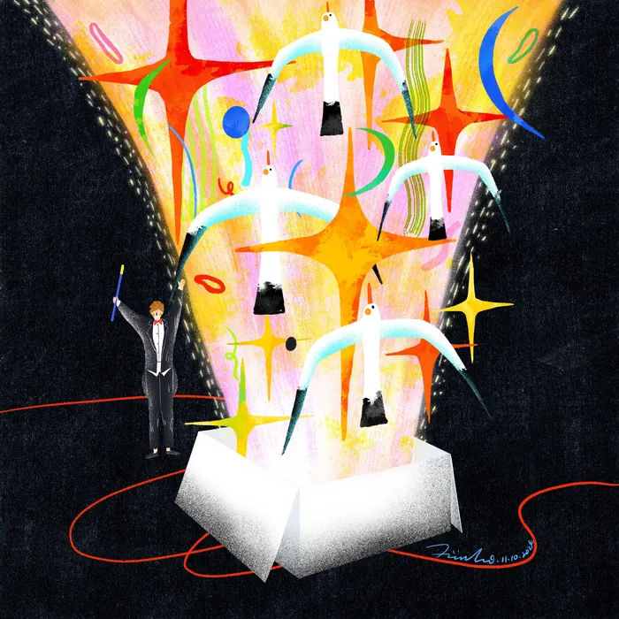 Magician performing with glowing stars and white doves emerging from a box