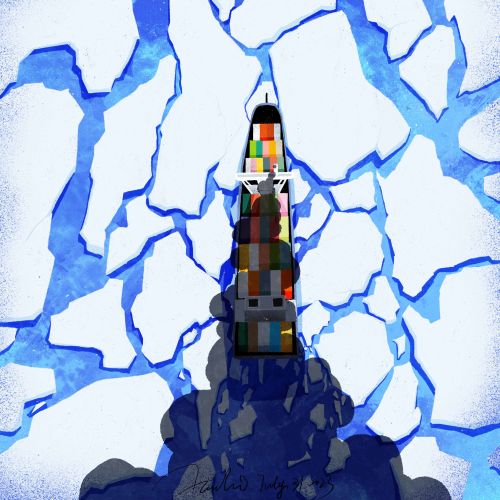 Colorful lighthouse surrounded by cracked ice on Arctic sea