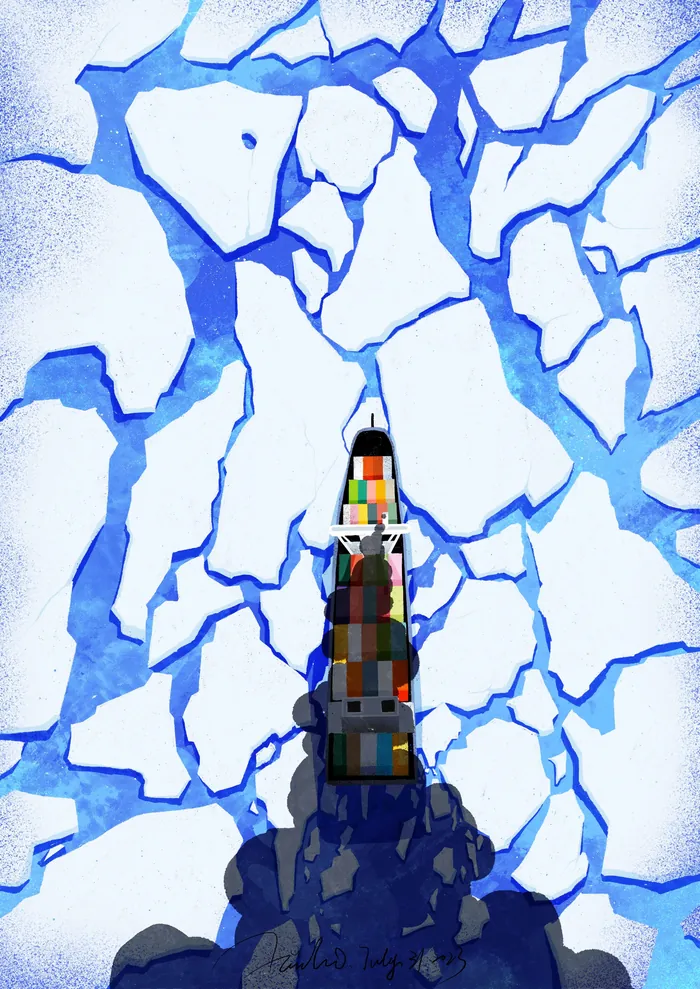 Colorful lighthouse surrounded by cracked ice on Arctic sea