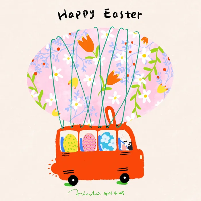 Red car carrying a large floral Easter egg with Happy Easter text