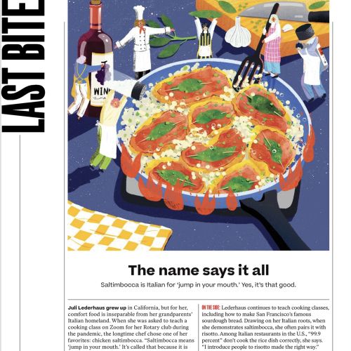 Illustration of chicken saltimbocca dish with chefs by Xinping Li