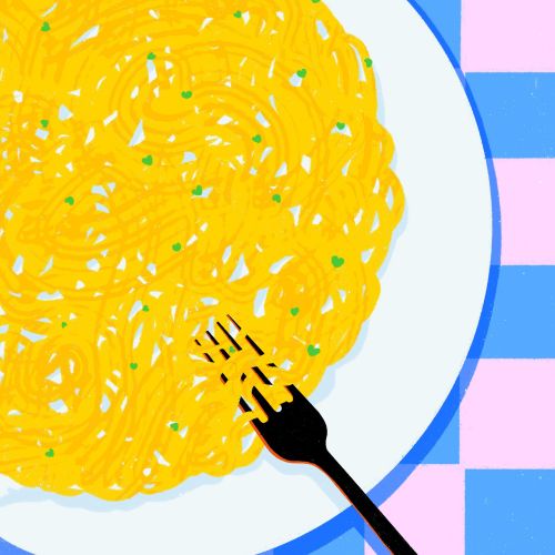 Fork twirling spaghetti on plate against checkered tablecloth by Xinping Li