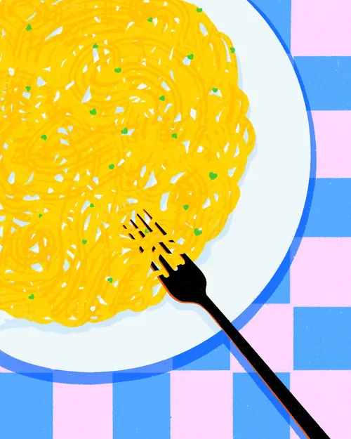 Fork twirling spaghetti on plate against checkered tablecloth by Xinping Li