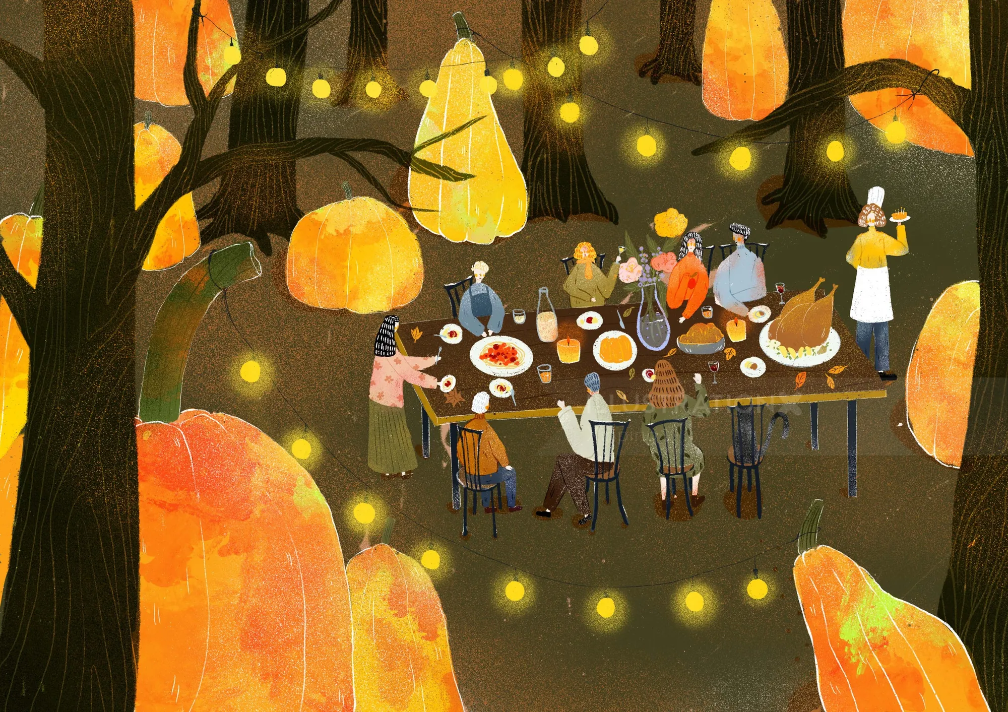 Thanksgiving dinner gathering under glowing pumpkins by Xinping Li