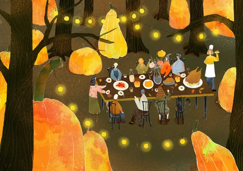 Thanksgiving dinner gathering under glowing pumpkins by Xinping Li