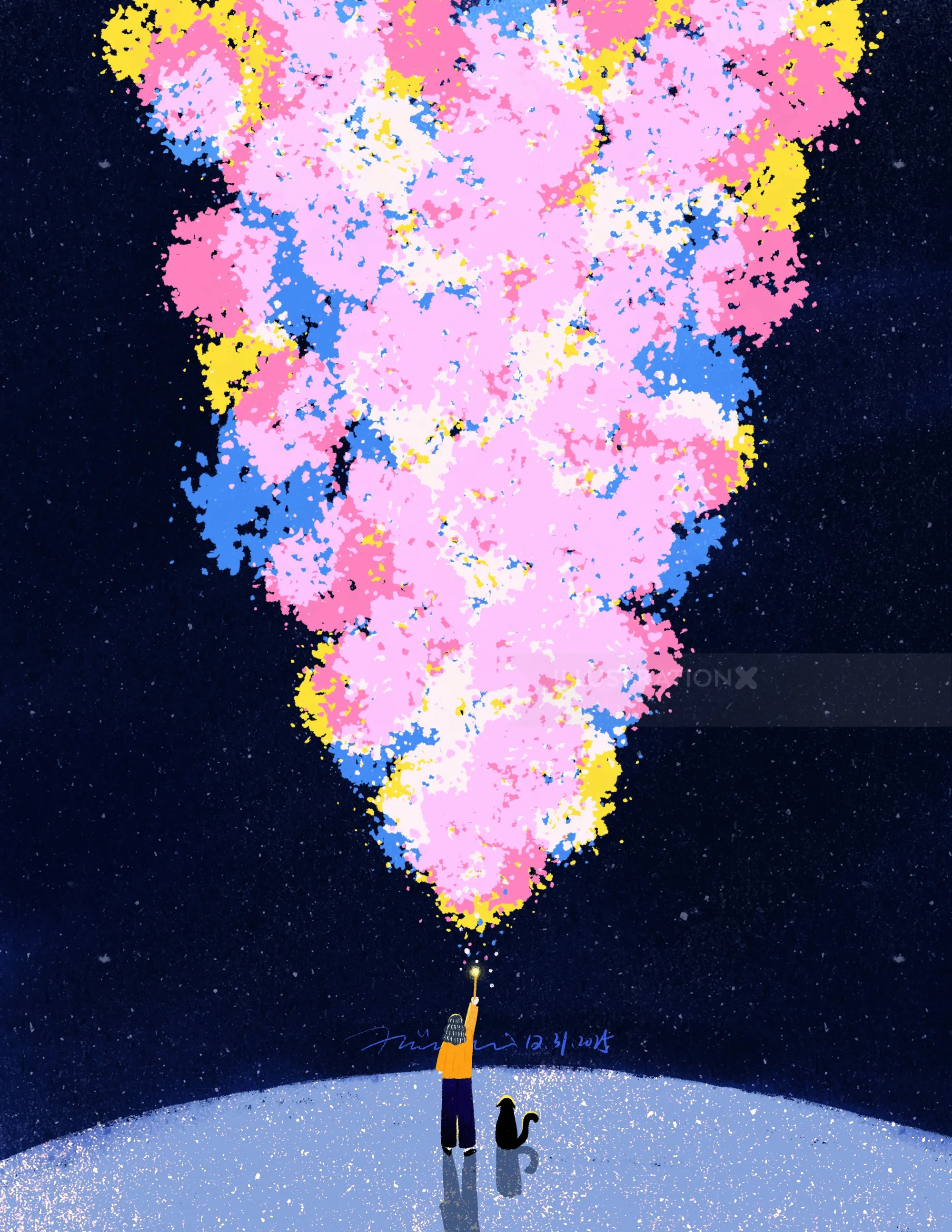 Person releasing colorful smoke under starry sky by Xinping Li