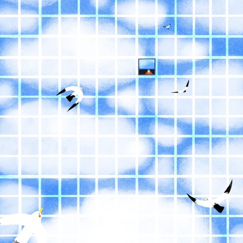 Seagulls flying across a blue sky with white clouds by Xinping Li
