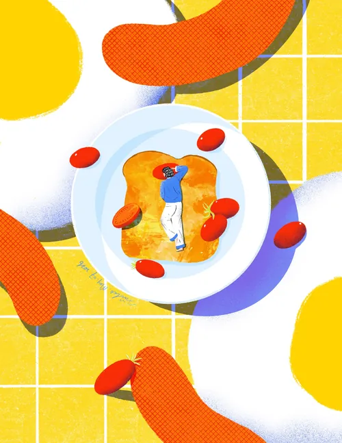Illustration of toast with tomatoes on a white plate, by Xinping Li