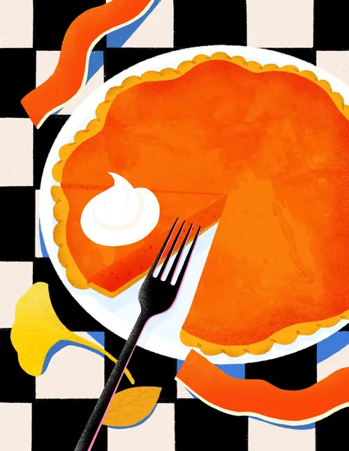 Illustration d'une tarte à la citrouille avec une fourchette dans Xinping Li