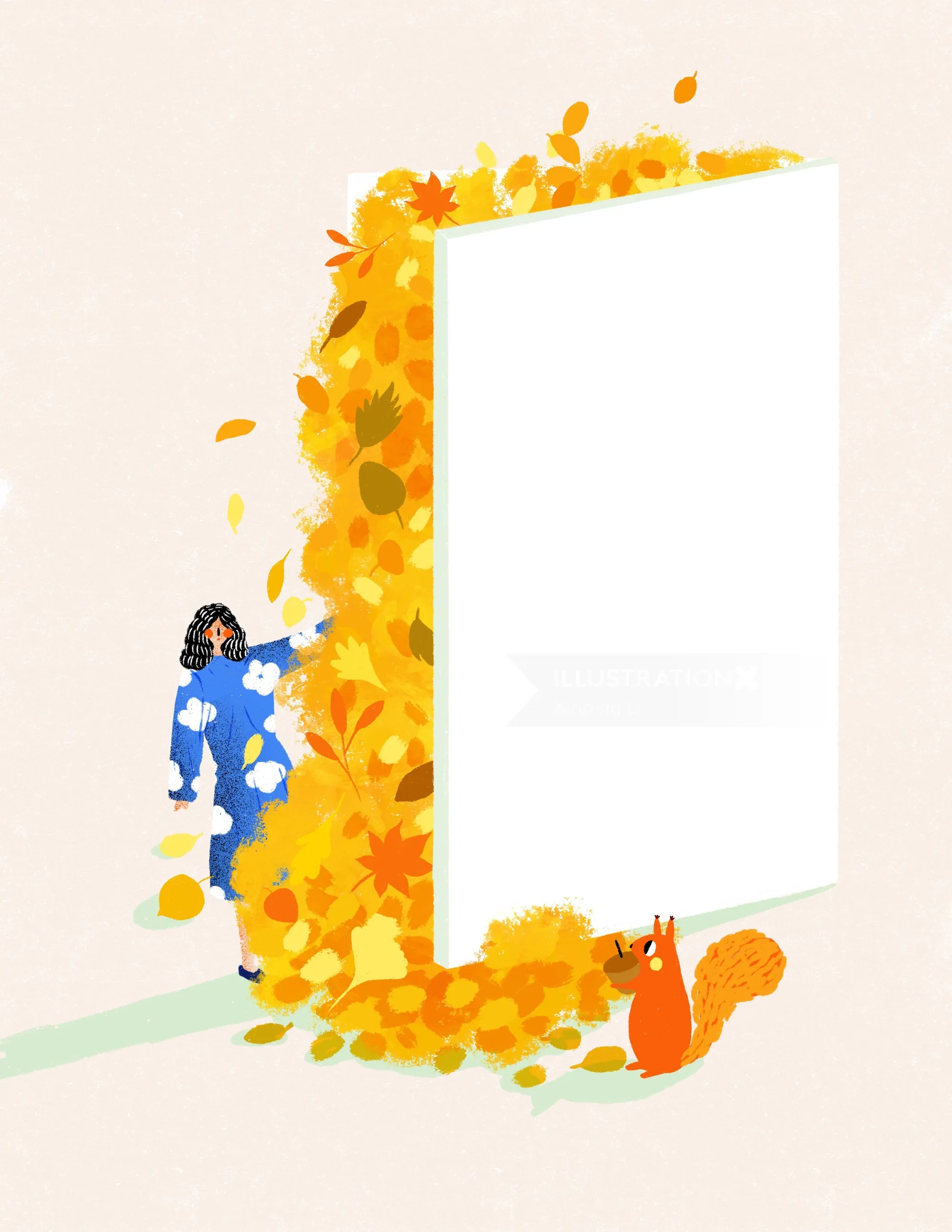 Illustration encadrée de feuilles d'automne par Xinping Li avec un enfant et un renard