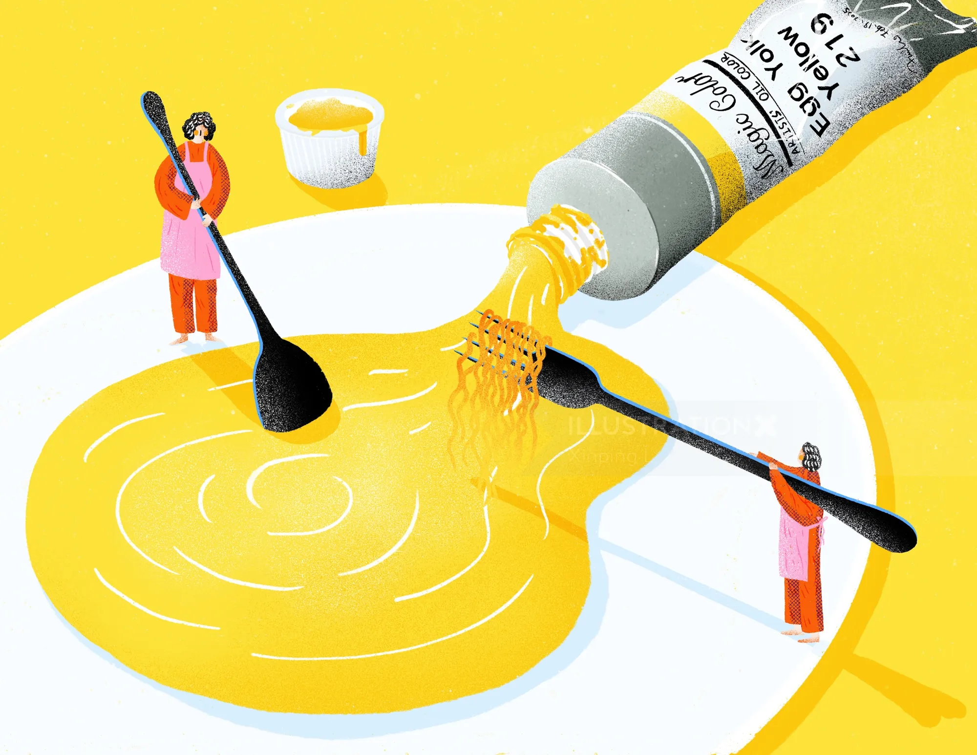 Xinping Li Illustration de minuscules artistes peignant un liquide jaune