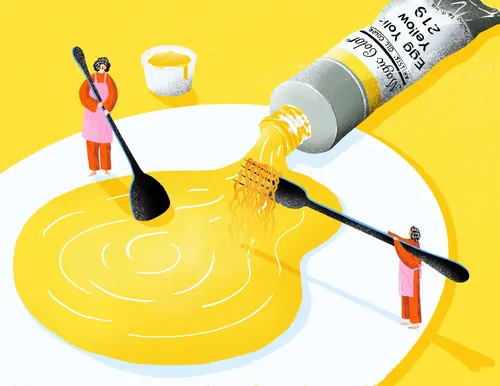 Xinping Li Illustration de minuscules artistes peignant un liquide jaune