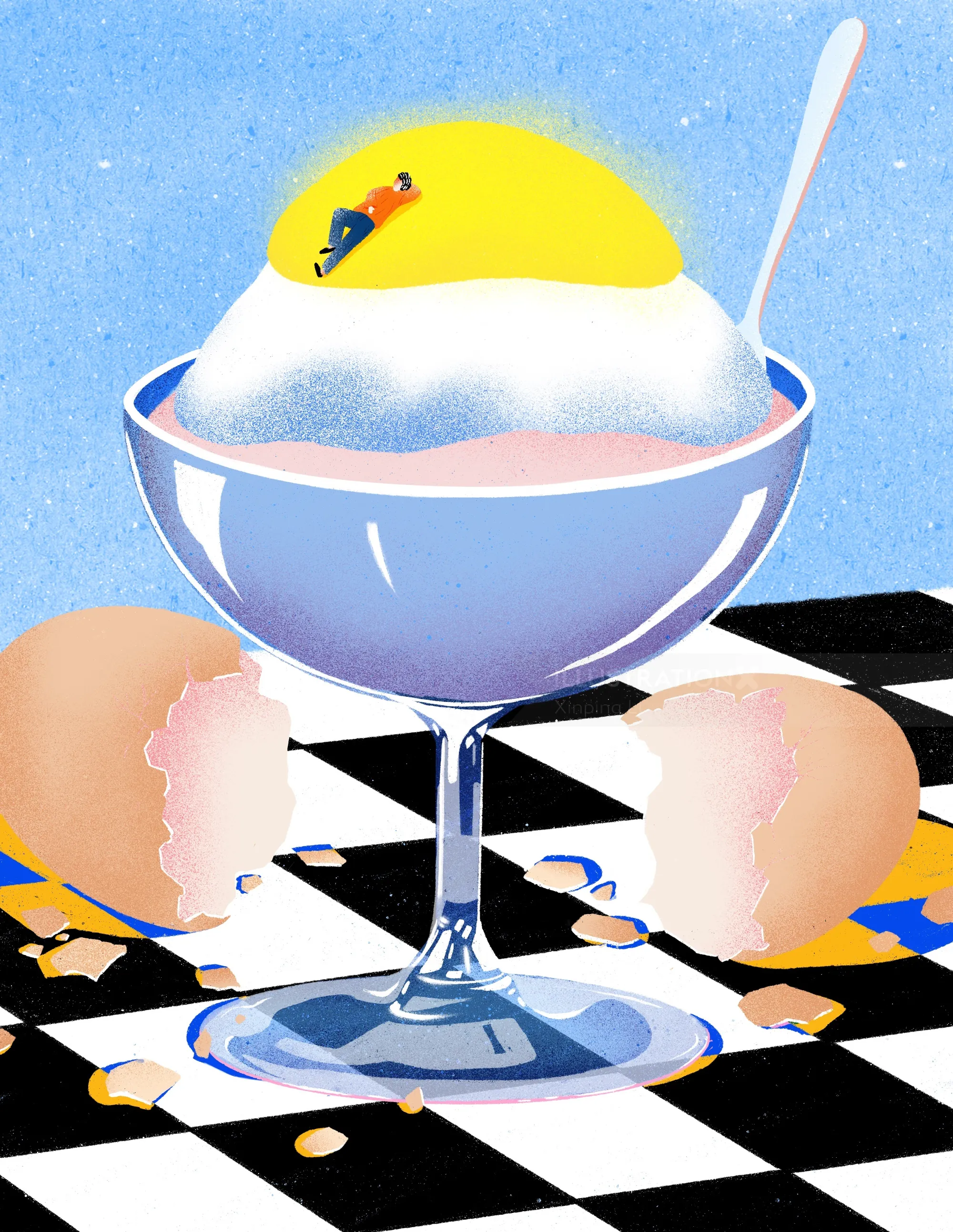 Illustration (TERM303) d'un dessert garni de jaune d'œuf dans un bol en verre