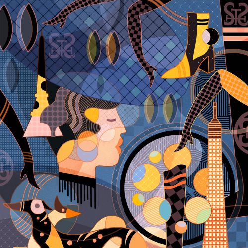 Abstract Paris illustration with Eiffel Tower and stylized figures by Yixin Zeng