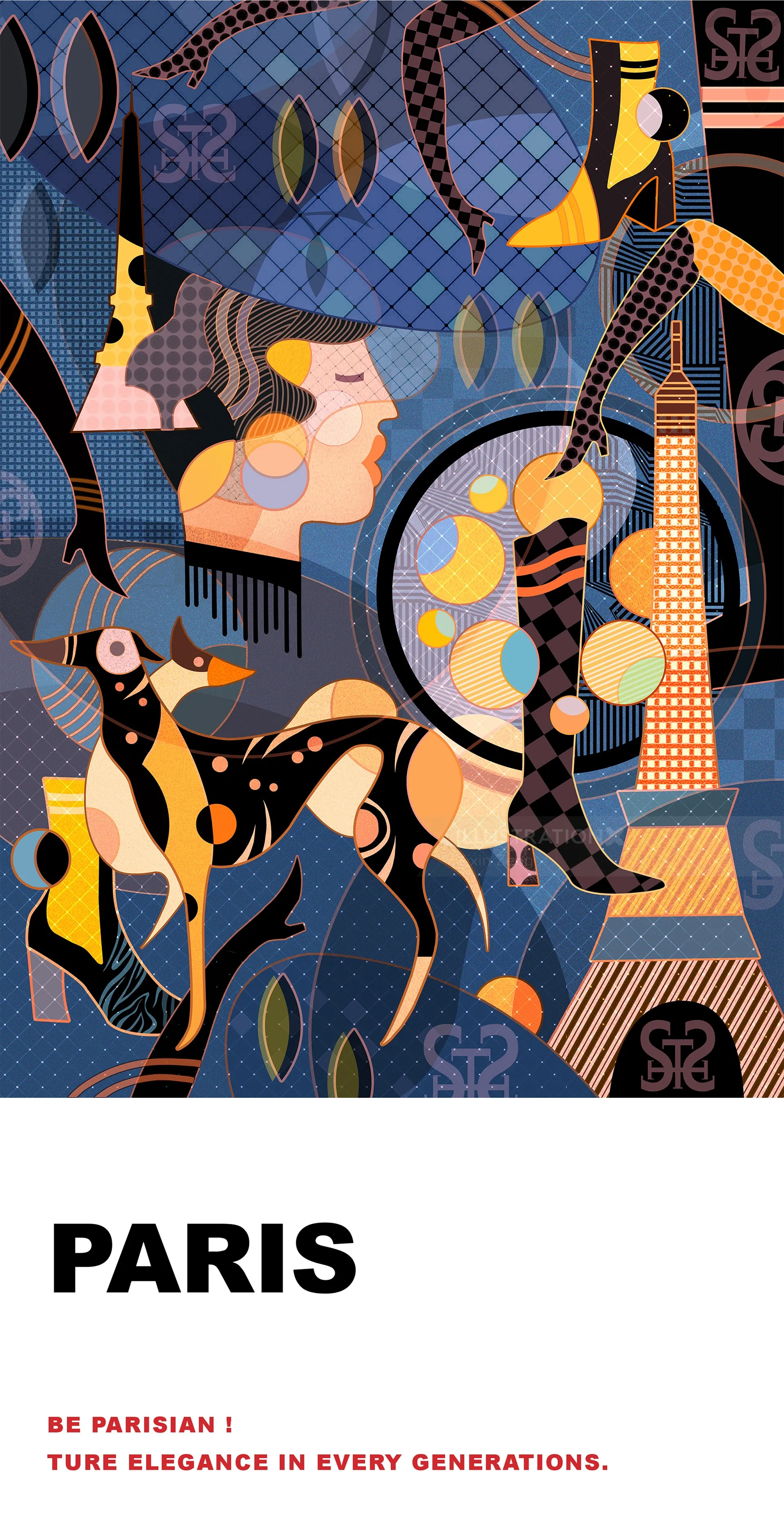 Abstract Paris illustration with Eiffel Tower and stylized figures by Yixin Zeng