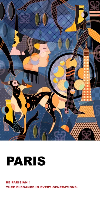 Abstract Paris illustration with Eiffel Tower and stylized figures by Yixin Zeng