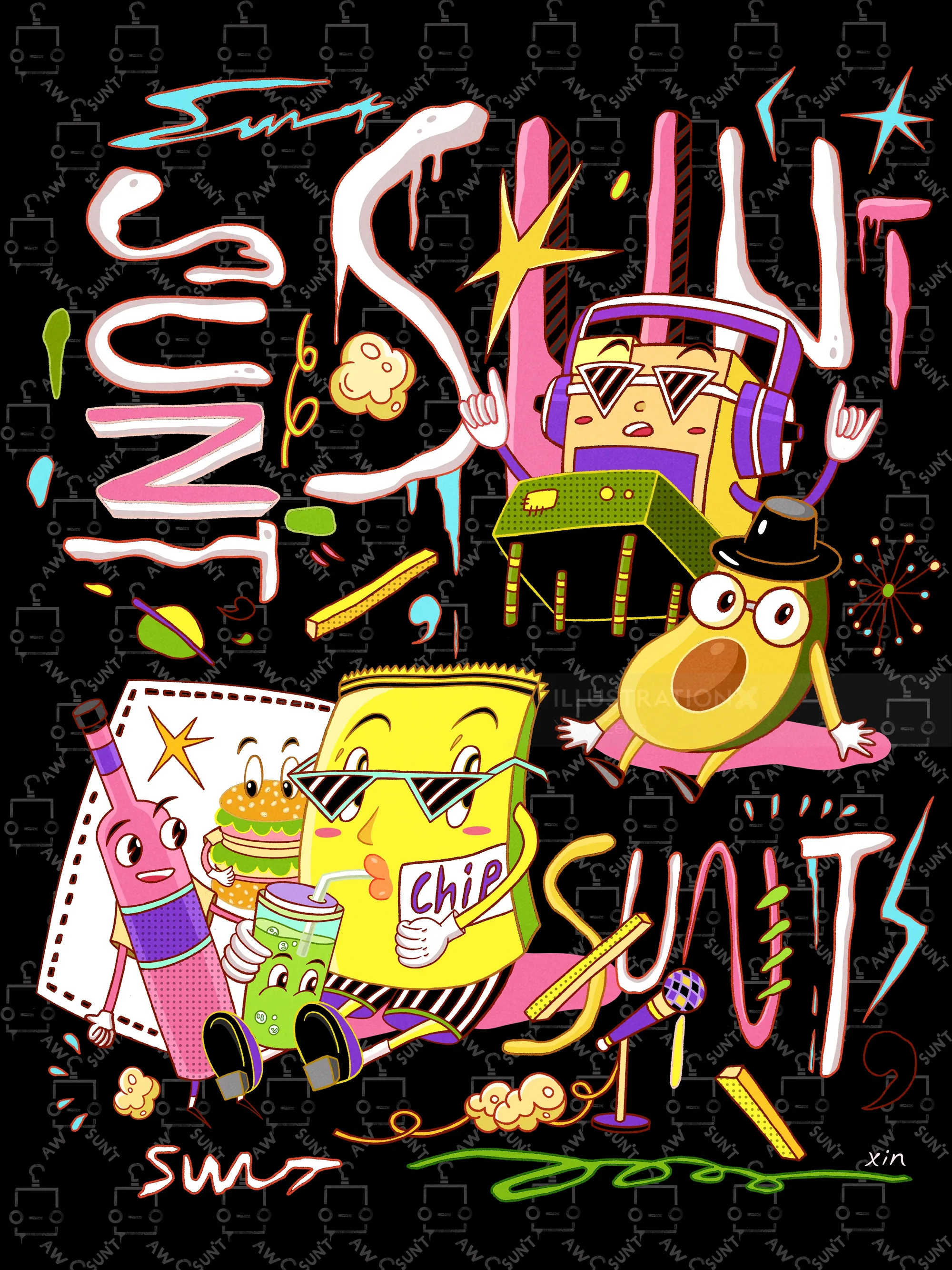 Colorful cartoon snack characters in vibrant illustration by Yixin Zeng