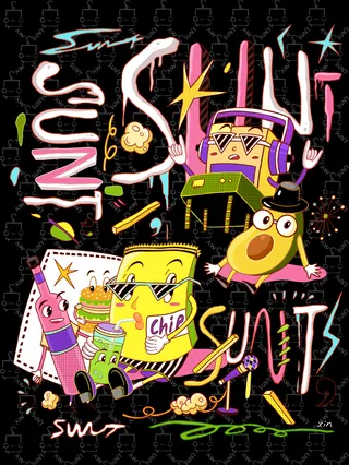 Colorful cartoon snack characters in vibrant illustration by Yixin Zeng