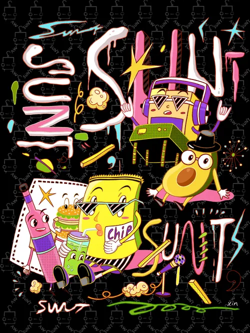 Colorful cartoon snack characters in vibrant illustration by Yixin Zeng