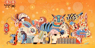 Colorful mythical animals in vibrant illustration by Yixin Zeng