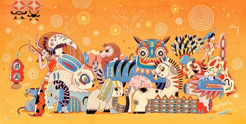 Colorful mythical animals in vibrant illustration by Yixin Zeng