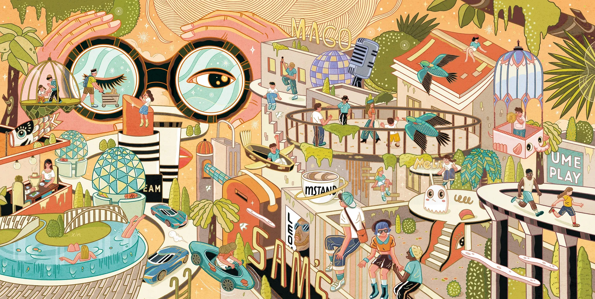 Illustration of a vibrant city with playful characters and whimsical buildings by Yixin Zeng