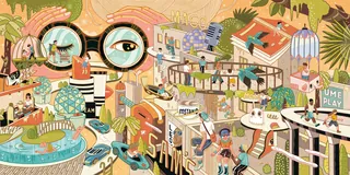 Illustration of a vibrant city with playful characters and whimsical buildings by Yixin Zeng