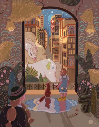 Child and cat watching giant white rabbit in cityscape by Yixin Zeng